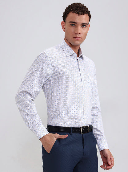 White & Blue Printed Regular Fit Formal Shirt | JadeBlue