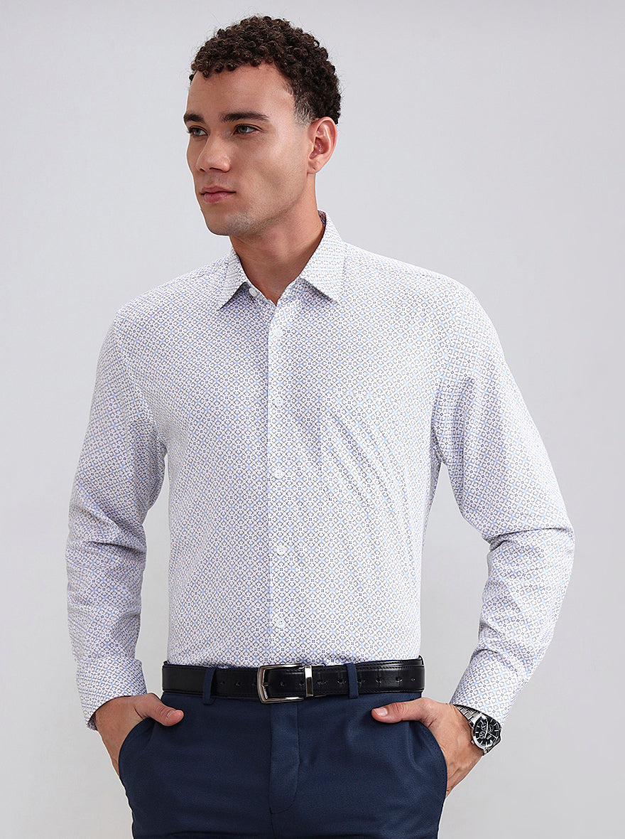 White & Blue Printed Regular Fit Formal Shirt | JadeBlue