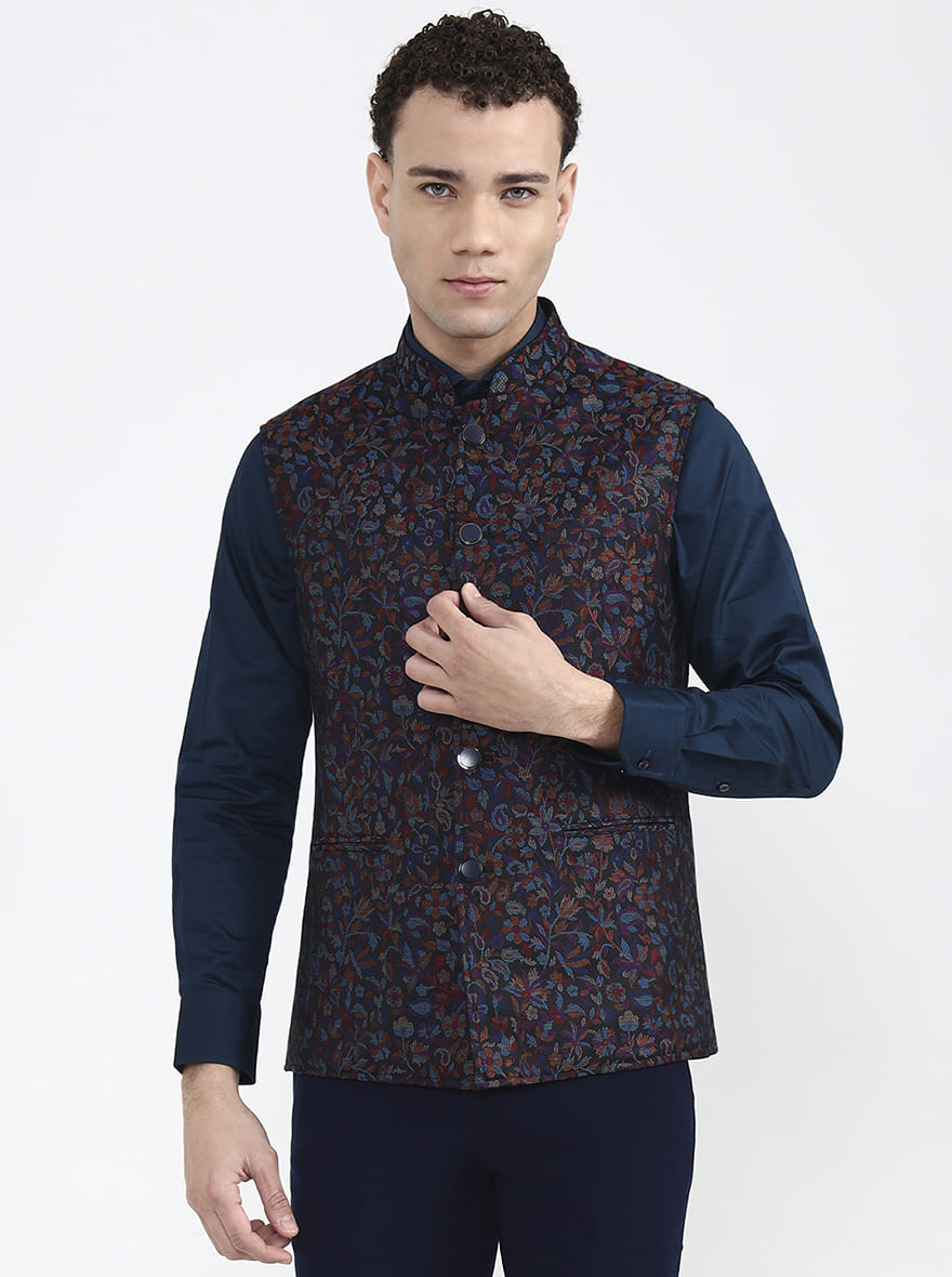 Black & Multicolor Printed Regular Fit Waistcoat | JB X JB