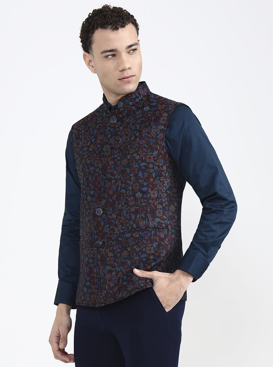 Black & Multicolor Printed Regular Fit Waistcoat | JB X JB