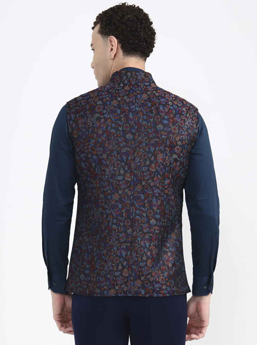 Black & Multicolor Printed Regular Fit Waistcoat | JB X JB