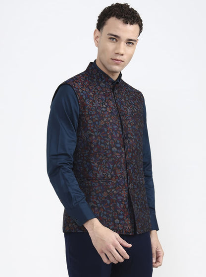 Black & Multicolor Printed Regular Fit Waistcoat | JB X JB