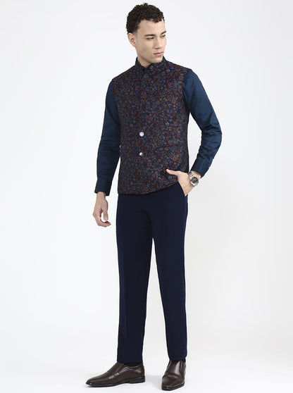 Black & Multicolor Printed Regular Fit Waistcoat | JB X JB
