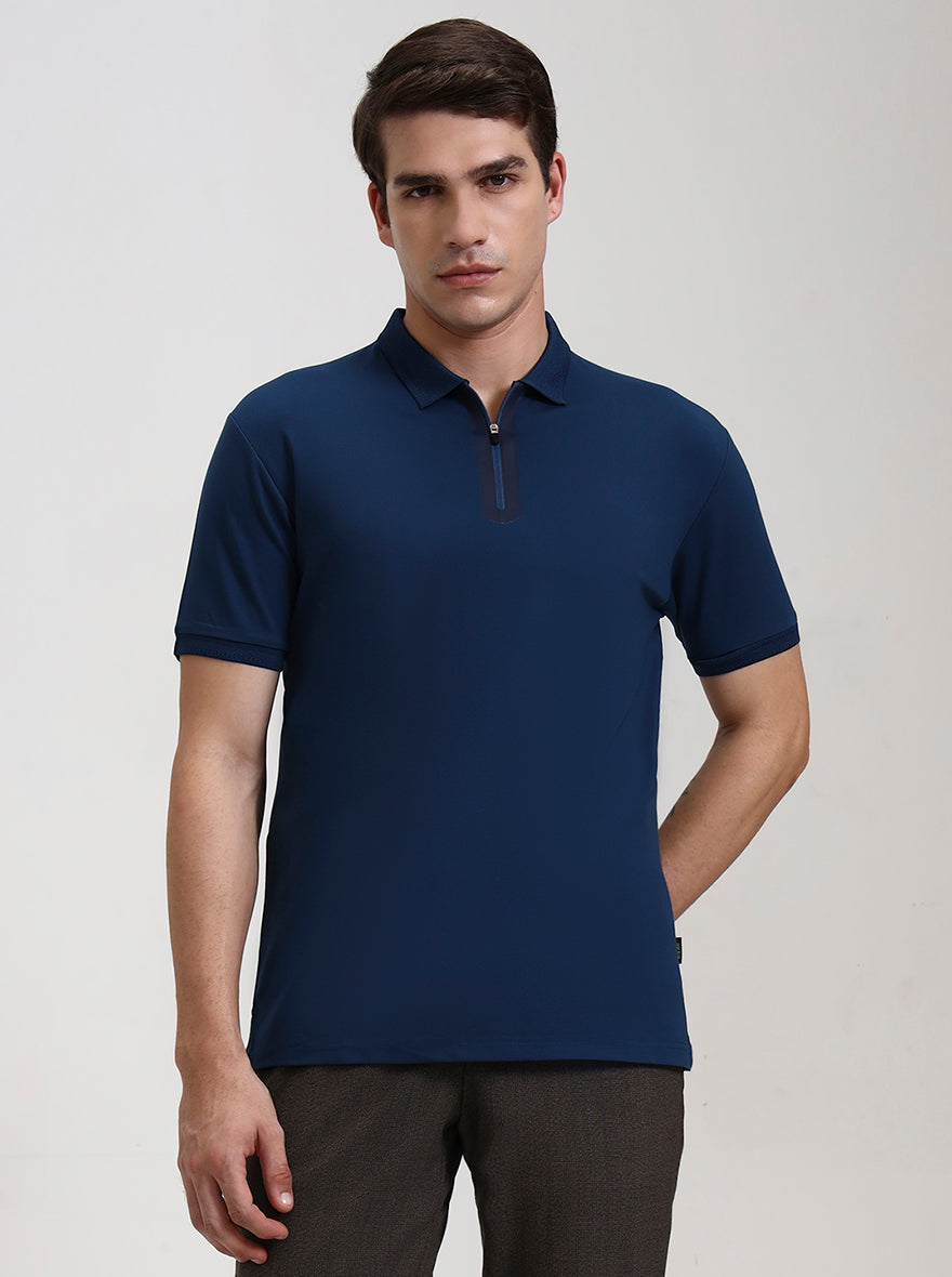 Blue Petrol Solid Slim Fit Polo T-Shirt | JadeBlue