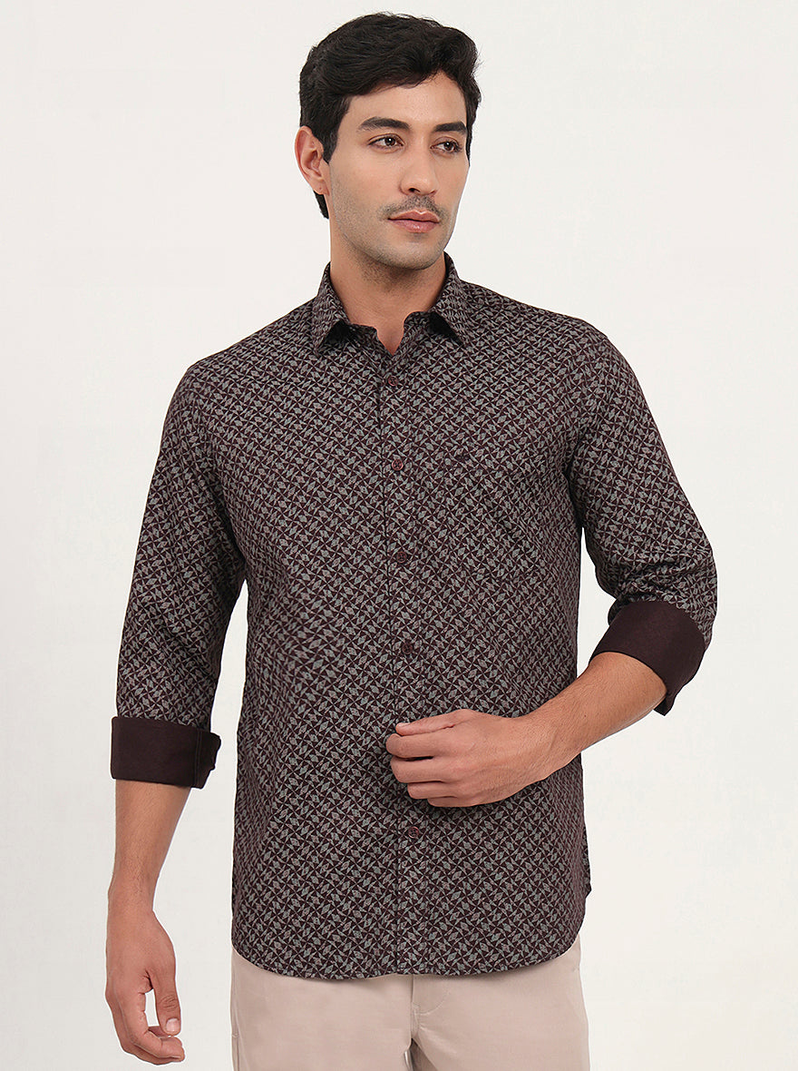 Wine Printed Slim Fit Semi Casual Shirt | JadeBlue