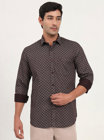 Wine Printed Slim Fit Semi Casual Shirt | JadeBlue