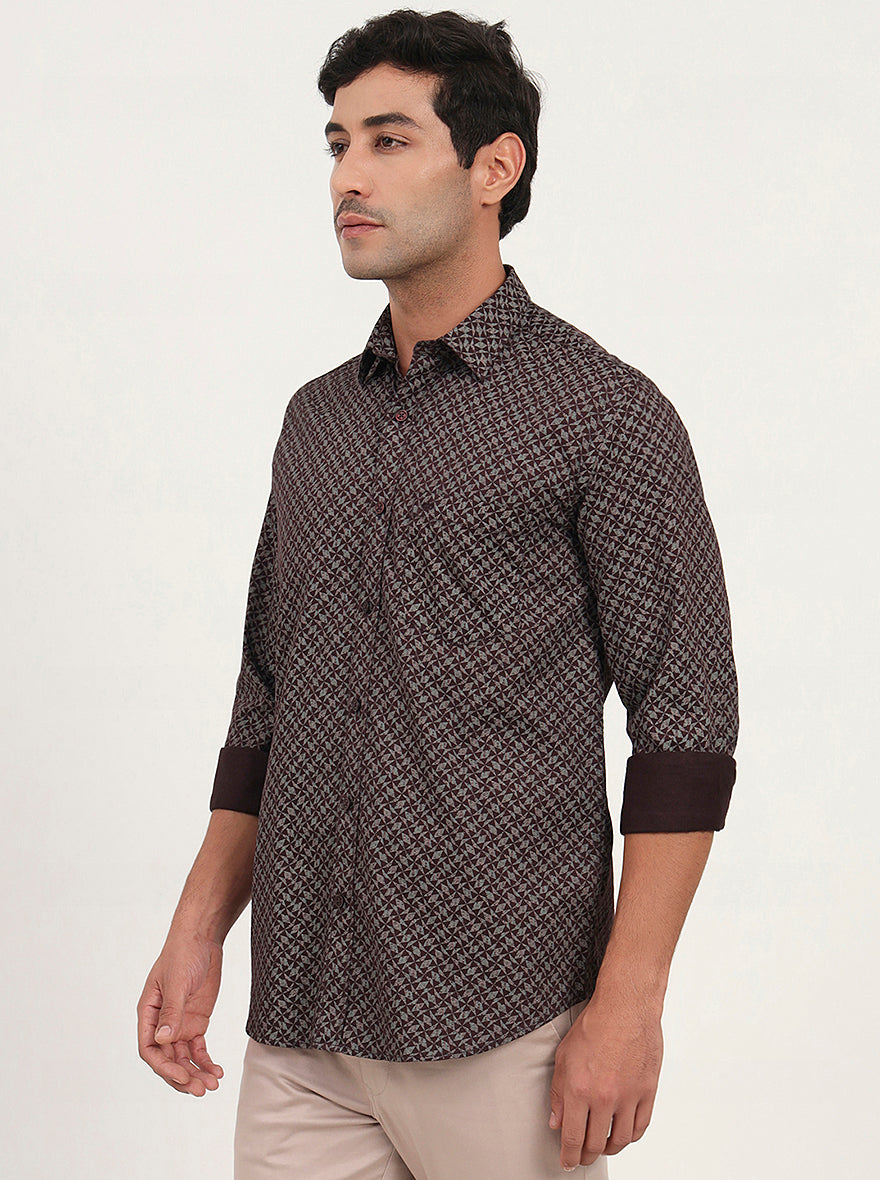 Wine Printed Slim Fit Semi Casual Shirt | JadeBlue