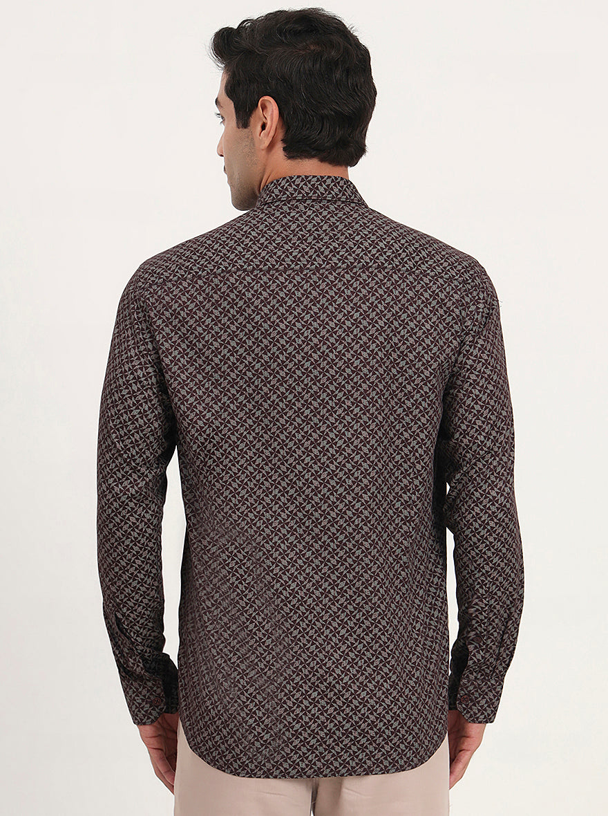 Wine Printed Slim Fit Semi Casual Shirt | JadeBlue