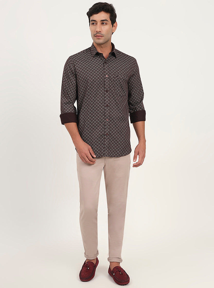 Wine Printed Slim Fit Semi Casual Shirt | JadeBlue