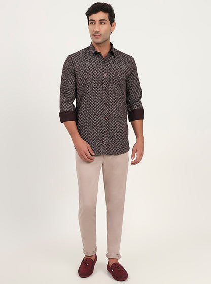 Wine Printed Slim Fit Semi Casual Shirt | JadeBlue