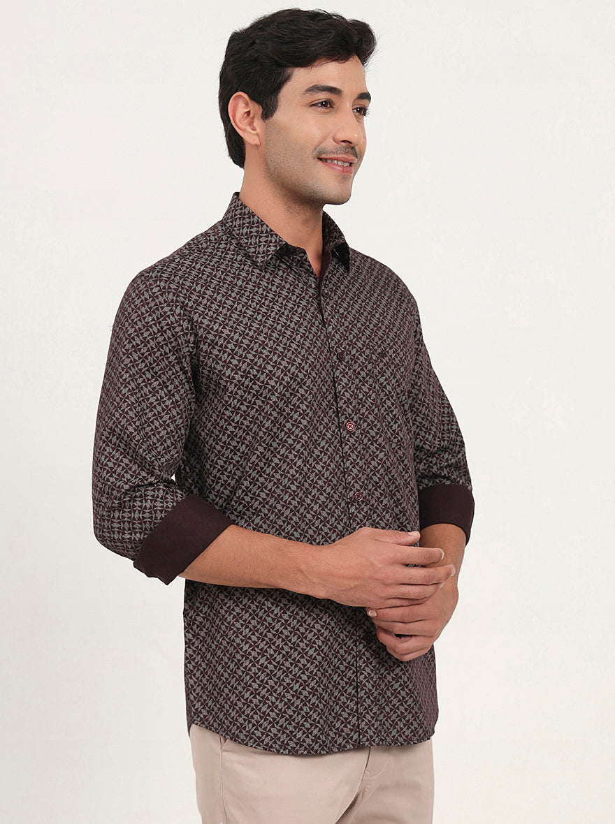 Wine Printed Slim Fit Semi Casual Shirt | JadeBlue