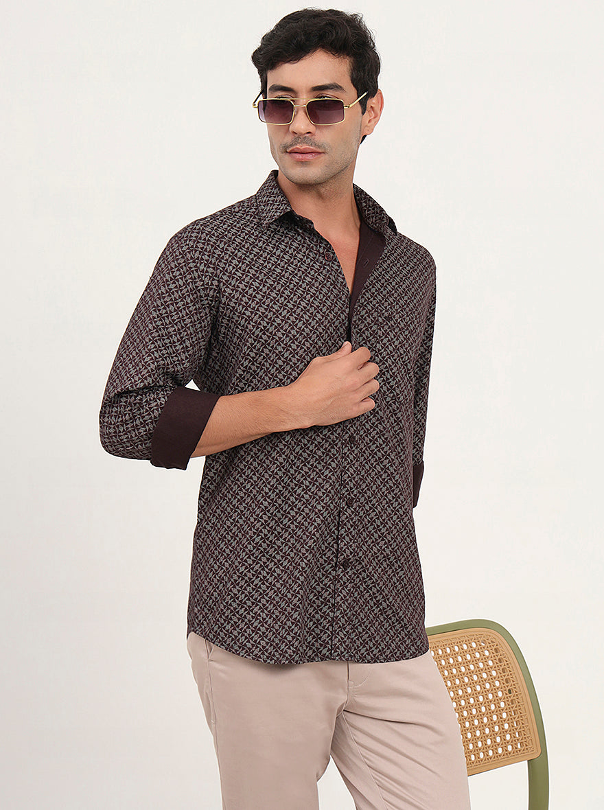 Wine Printed Slim Fit Semi Casual Shirt | JadeBlue