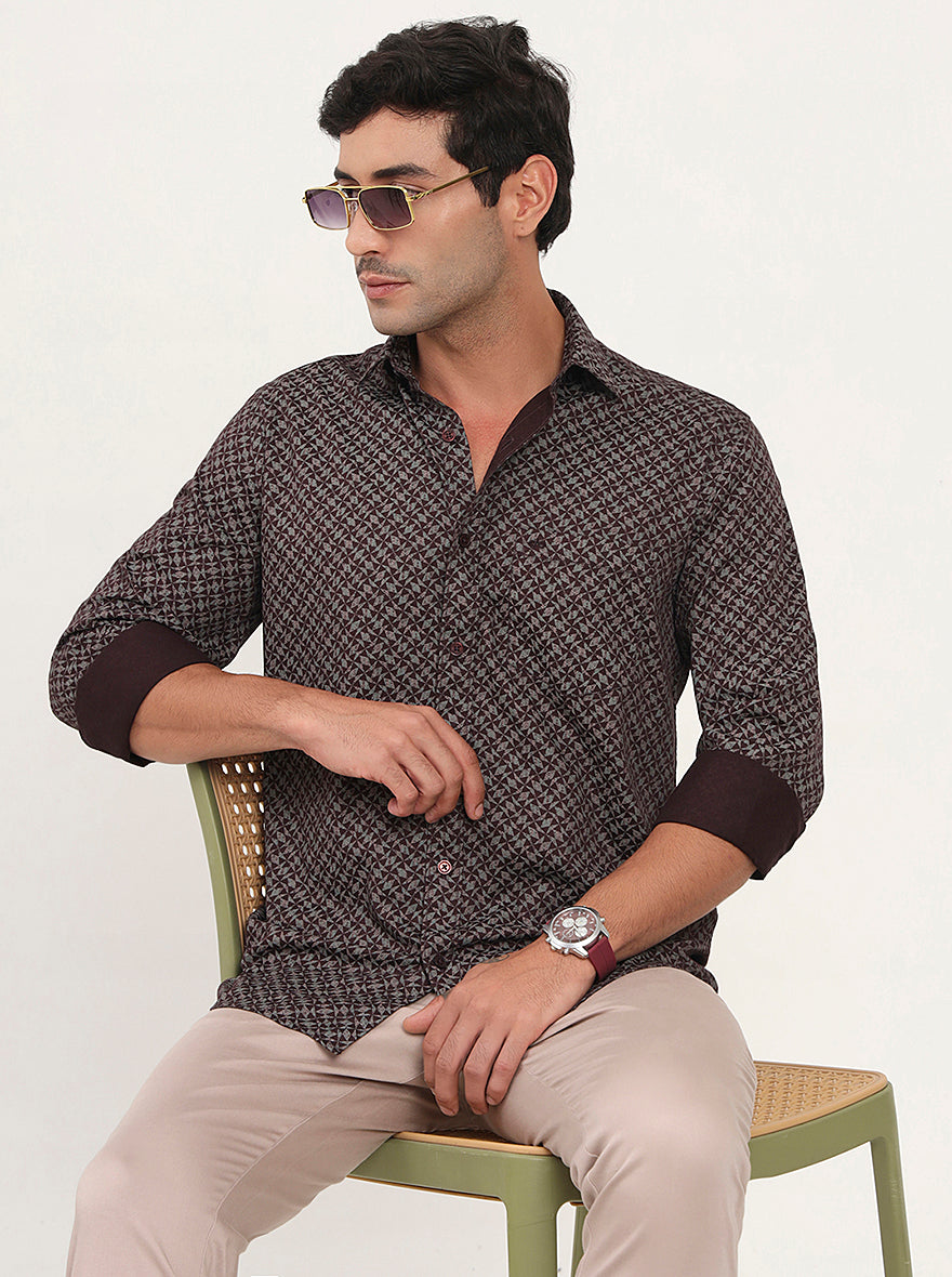Wine Printed Slim Fit Semi Casual Shirt | JadeBlue