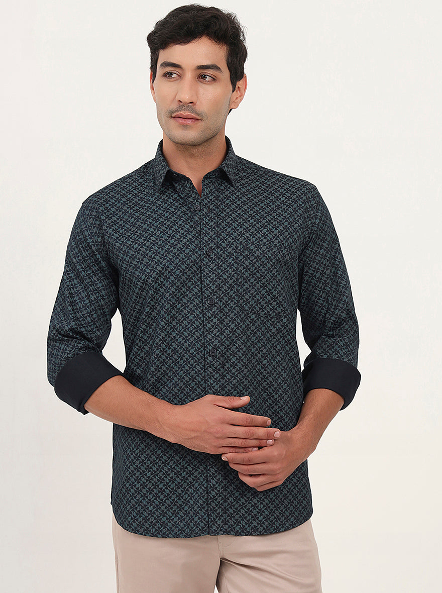 Teal Green Printed Slim Fit Semi Casual Shirt | JadeBlue