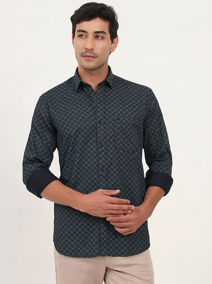 Teal Green Printed Slim Fit Semi Casual Shirt | JadeBlue