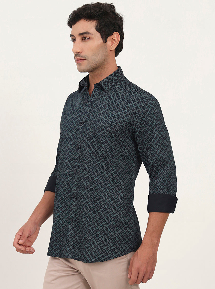 Teal Green Printed Slim Fit Semi Casual Shirt | JadeBlue