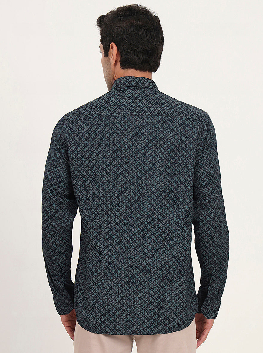 Teal Green Printed Slim Fit Semi Casual Shirt | JadeBlue
