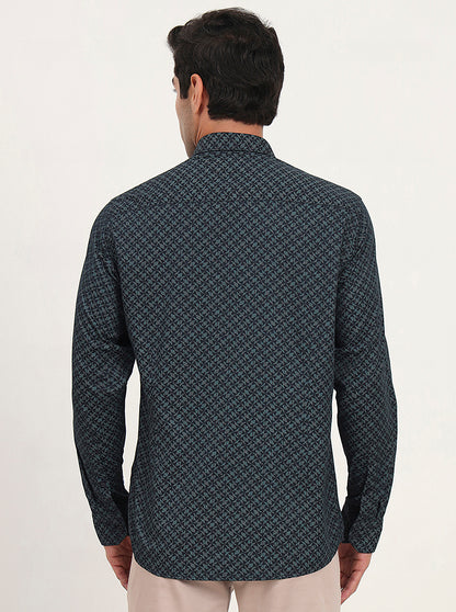 Teal Green Printed Slim Fit Semi Casual Shirt | JadeBlue