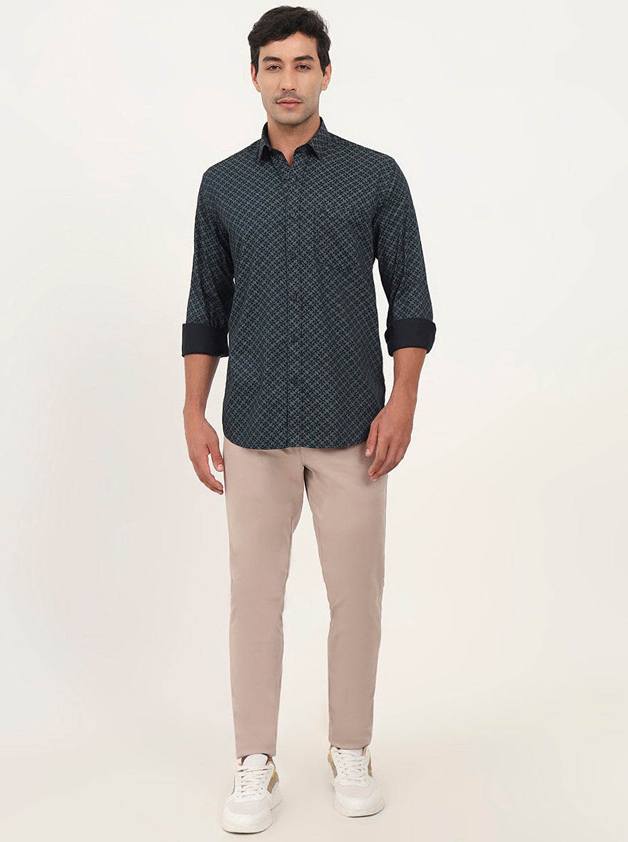 Teal Green Printed Slim Fit Semi Casual Shirt | JadeBlue