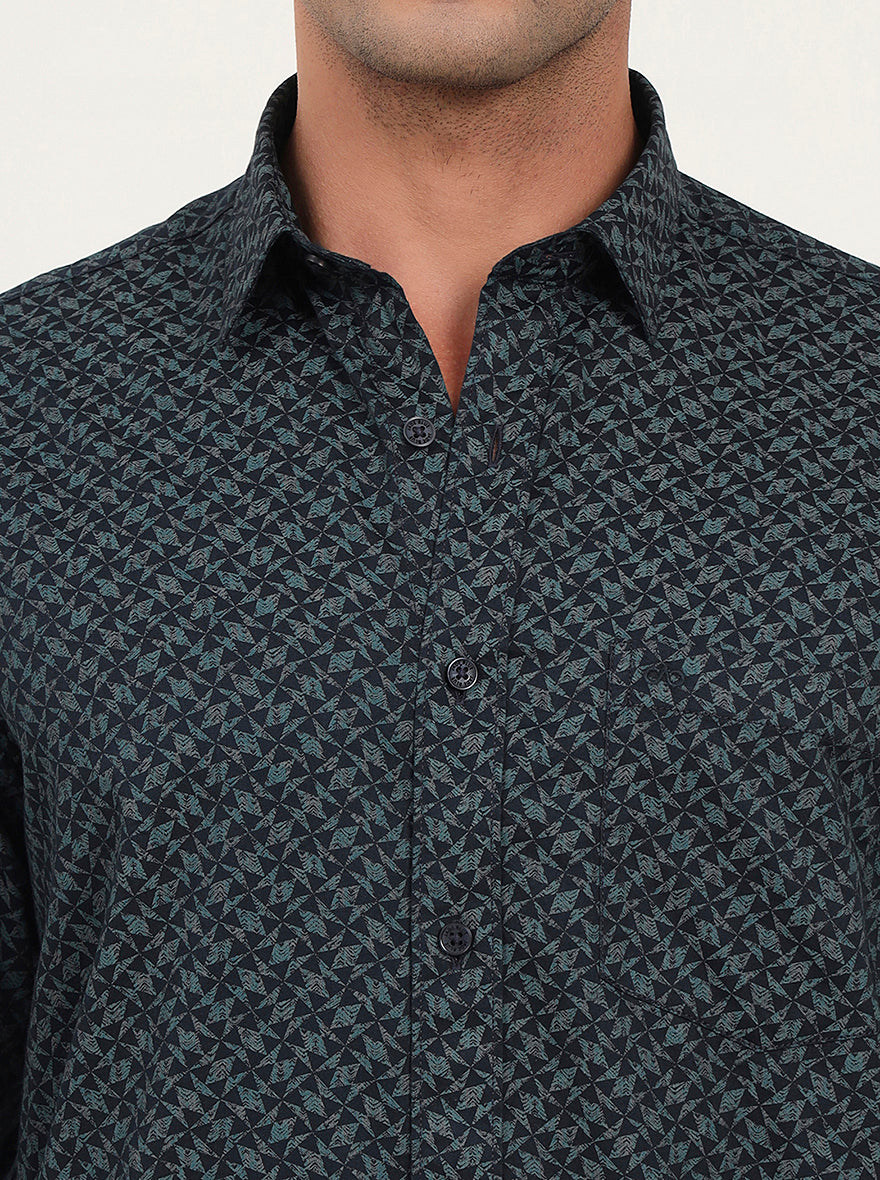 Teal Green Printed Slim Fit Semi Casual Shirt | JadeBlue