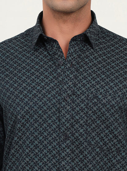 Teal Green Printed Slim Fit Semi Casual Shirt | JadeBlue