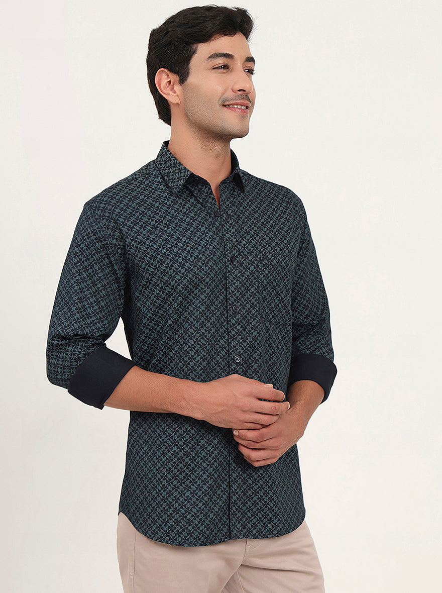 Teal Green Printed Slim Fit Semi Casual Shirt | JadeBlue