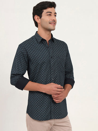 Teal Green Printed Slim Fit Semi Casual Shirt | JadeBlue