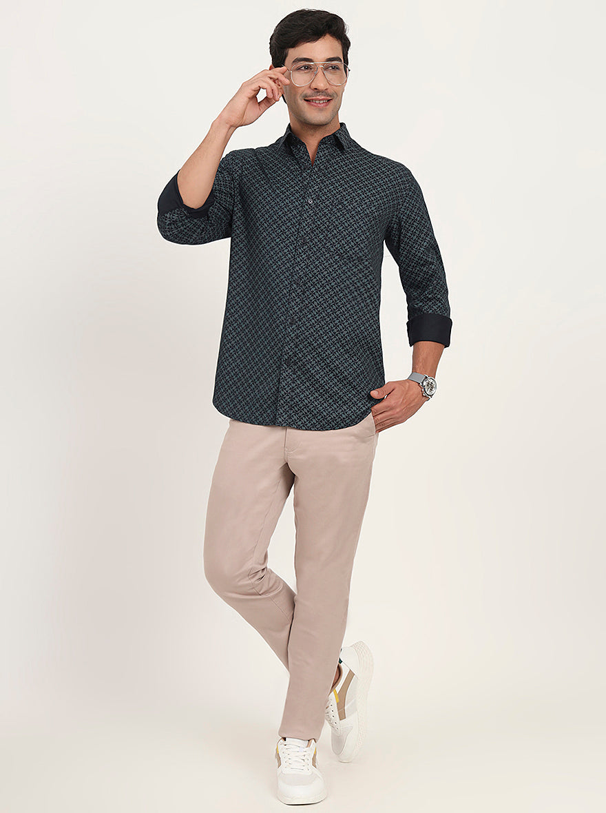 Teal Green Printed Slim Fit Semi Casual Shirt | JadeBlue