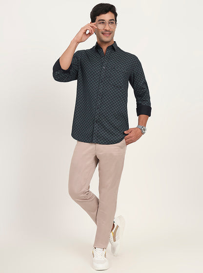 Teal Green Printed Slim Fit Semi Casual Shirt | JadeBlue