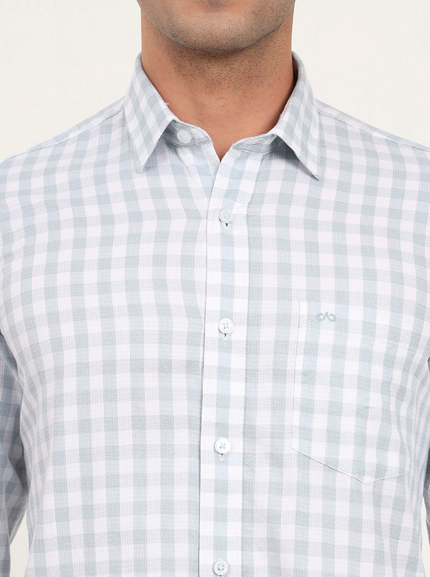Light Blue Checked Slim Fit Semi Casual Shirt | JadeBlue