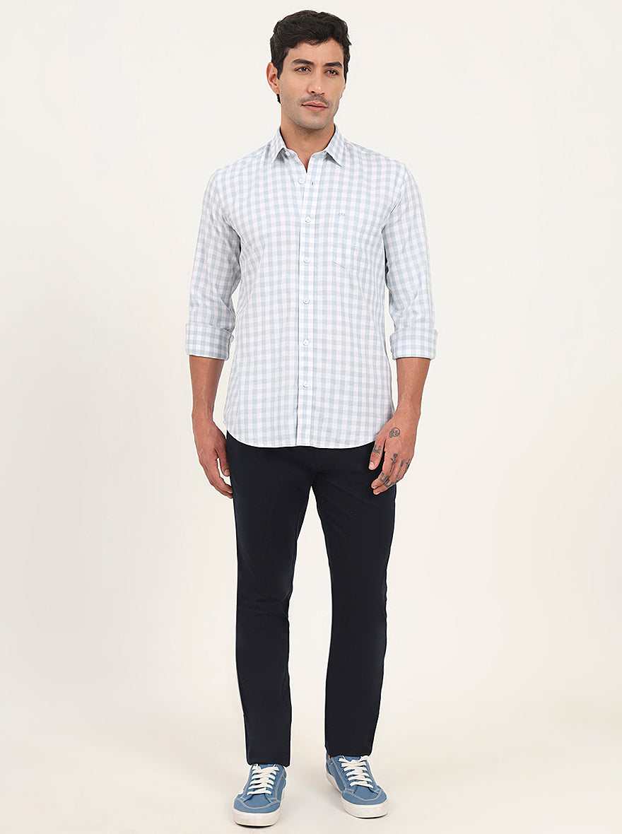 Light Blue Checked Slim Fit Semi Casual Shirt | JadeBlue