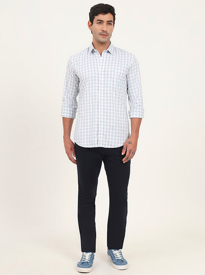 Light Blue Checked Slim Fit Semi Casual Shirt | JadeBlue