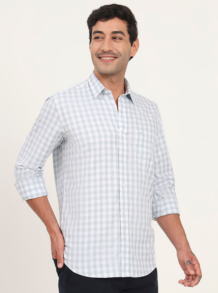 Light Blue Checked Slim Fit Semi Casual Shirt | JadeBlue