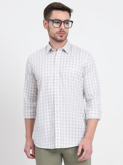 White & Light Green Checked Slim Fit Semi Casual Shirt | JadeBlue