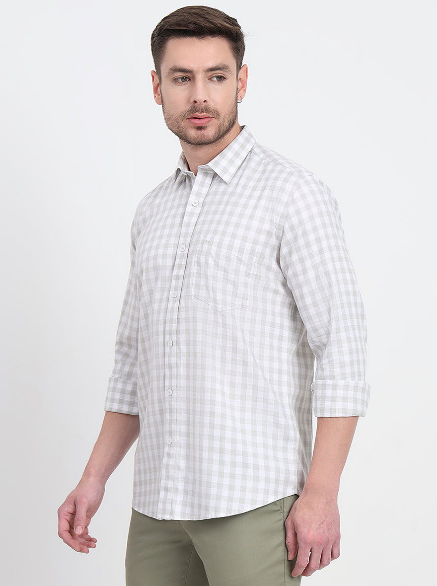 White & Light Green Checked Slim Fit Semi Casual Shirt | JadeBlue