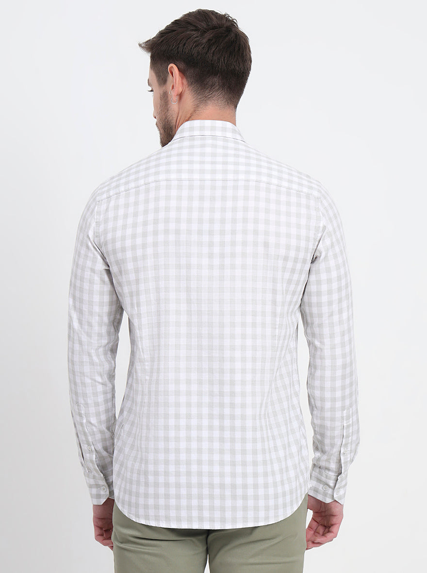 White & Light Green Checked Slim Fit Semi Casual Shirt | JadeBlue