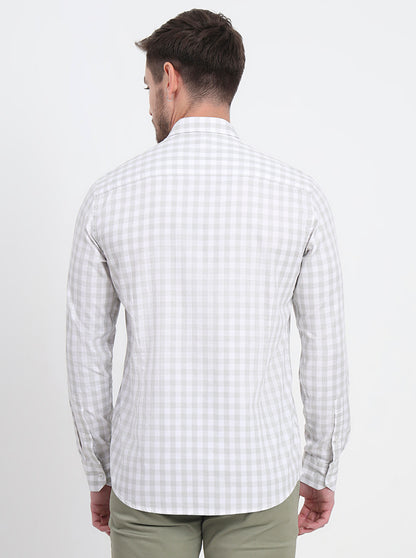 White & Light Green Checked Slim Fit Semi Casual Shirt | JadeBlue