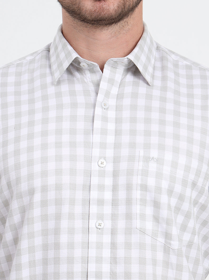 White & Light Green Checked Slim Fit Semi Casual Shirt | JadeBlue
