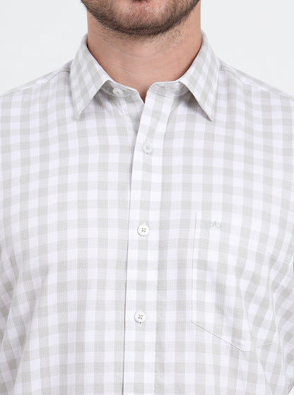 White & Light Green Checked Slim Fit Semi Casual Shirt | JadeBlue