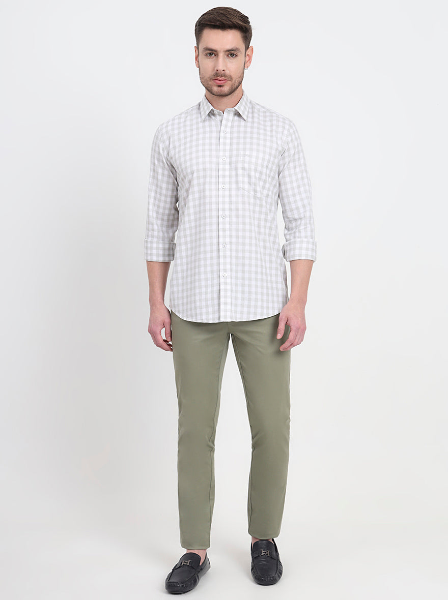 White & Light Green Checked Slim Fit Semi Casual Shirt | JadeBlue