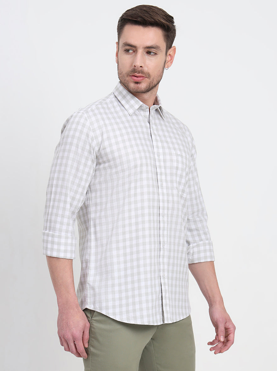 White & Light Green Checked Slim Fit Semi Casual Shirt | JadeBlue