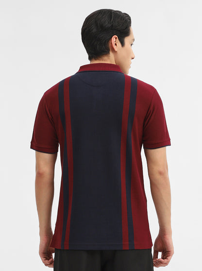 Navy & Maroon Striped Slim Fit Polo T-Shirt | Greenfibre