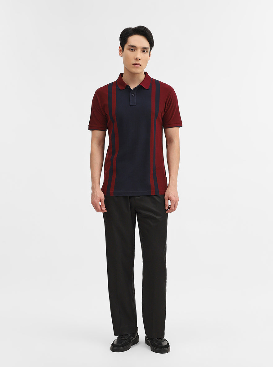 Navy & Maroon Striped Slim Fit Polo T-Shirt | Greenfibre