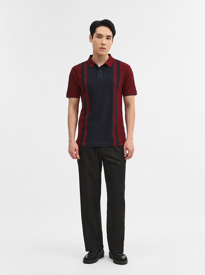 Navy & Maroon Striped Slim Fit Polo T-Shirt | Greenfibre