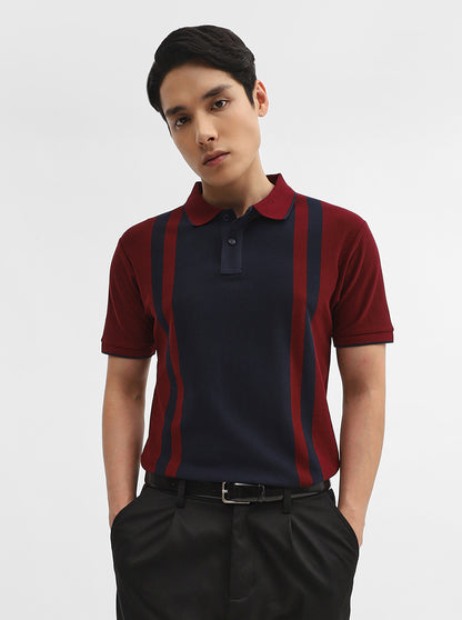 Navy & Maroon Striped Slim Fit Polo T-Shirt | Greenfibre