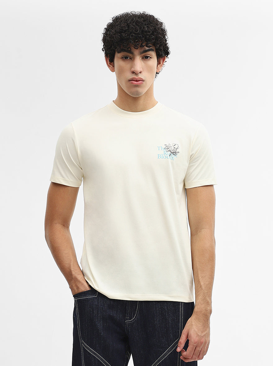 Off White Printed Slim Fit T-Shirt | JadeBlue