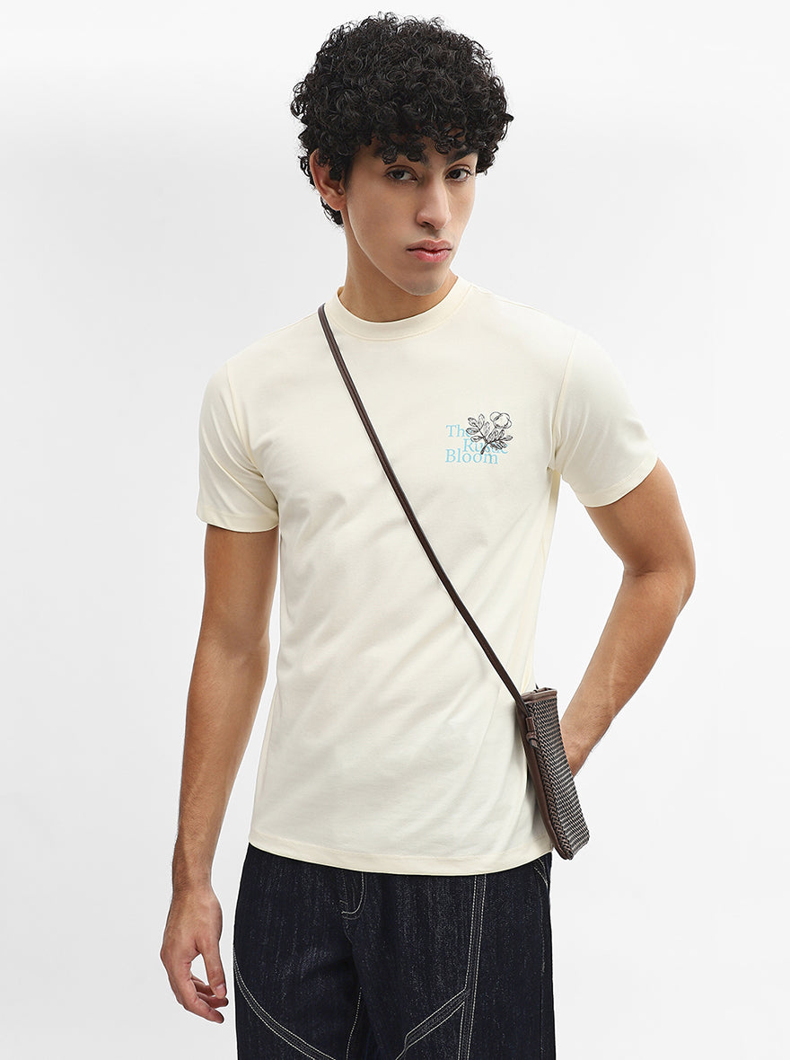 Off White Printed Slim Fit T-Shirt | JadeBlue