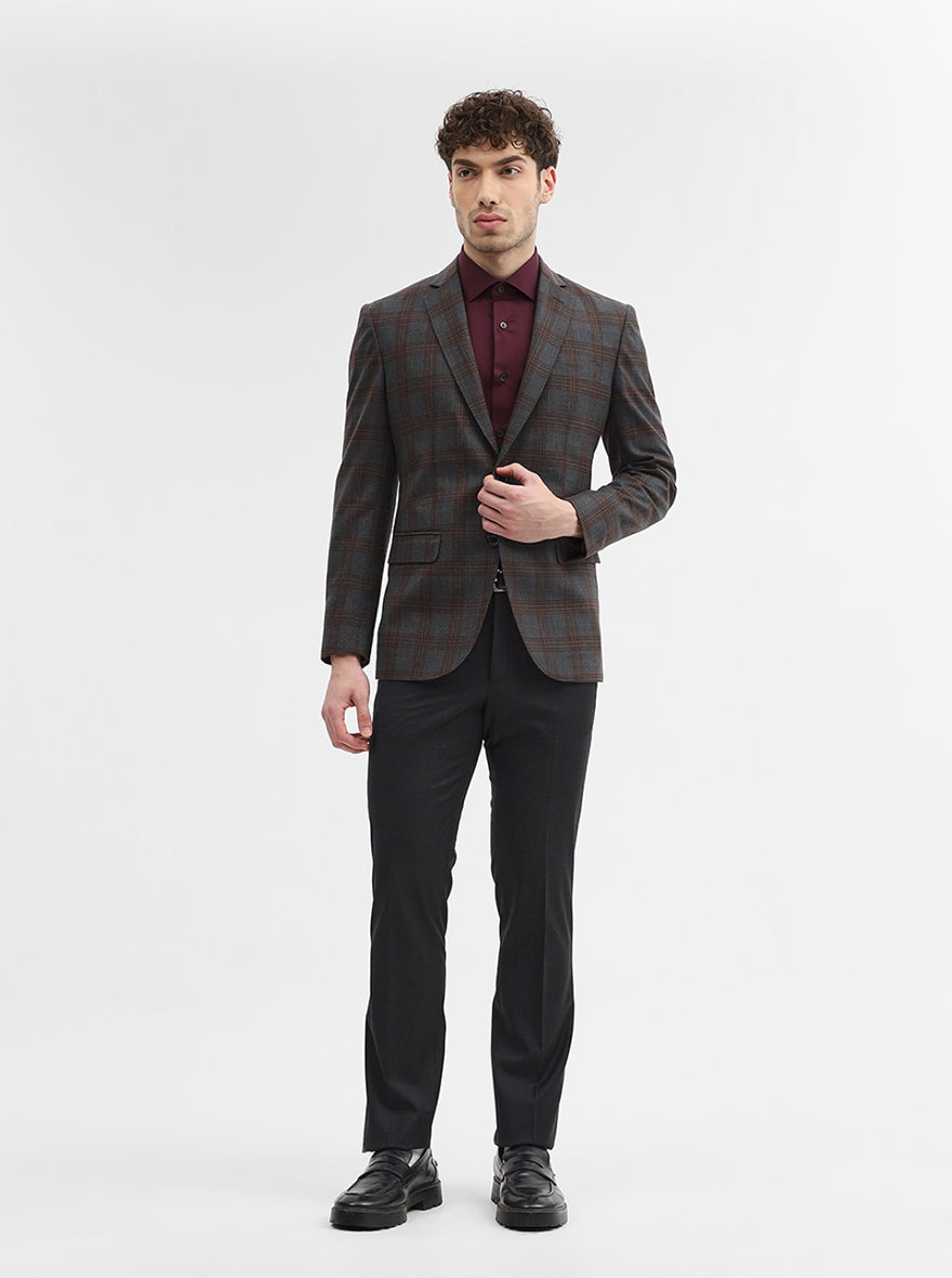 Dark Grey Checked Regular Fit Blazer | JadeBlue