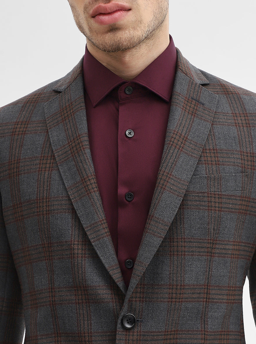 Dark Grey Checked Regular Fit Blazer | JadeBlue