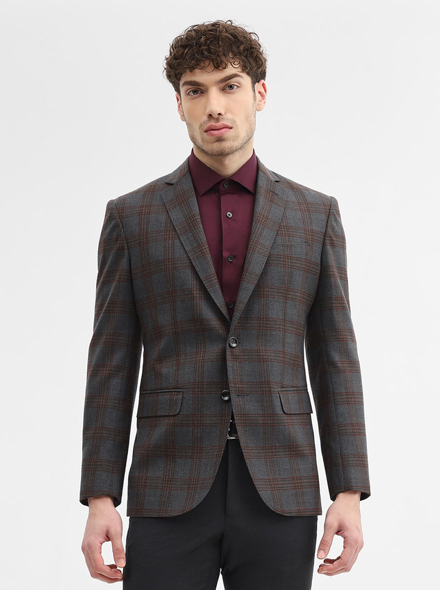 Dark Grey Checked Regular Fit Blazer | JadeBlue